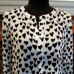 Dalia White with Black Hearts, Blouse, 3/4 Sleeve, 2 Button Breast, Women's Med